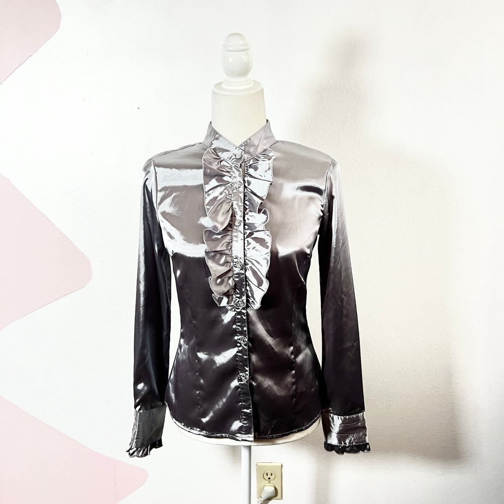 Vtg Y2K Ruffle Front Blouse Top Small Silver Satin Metallic Office Siren